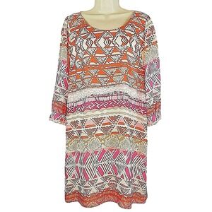 Orange Pink Geometric Lattice Back Boho Shift Dress M Festival Southwestern